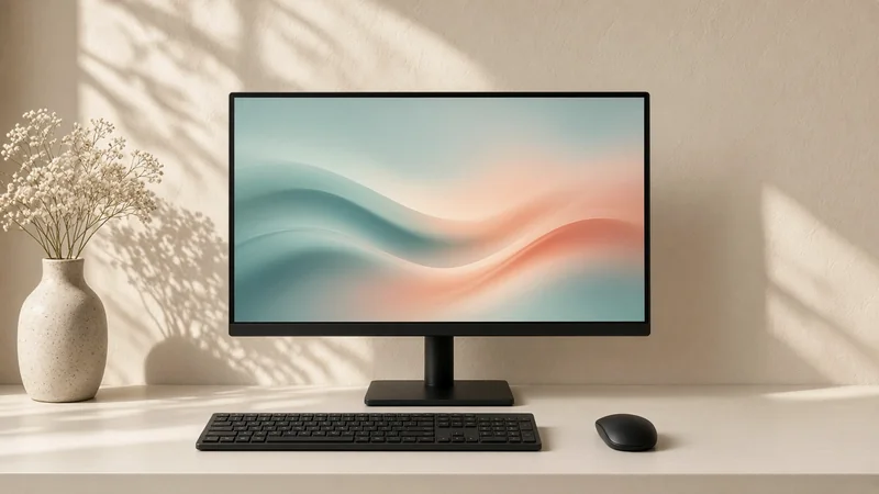 Monitor showing soft pastel waves above a keyboard and mouse on a cream desk