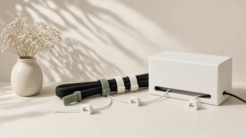White cable box with tidied cables, Velcro ties and a vase of dried flowers