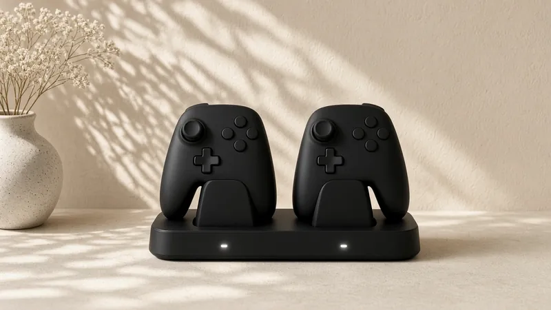 Two black game controllers docked on a charging stand beside a vase of dried flowers