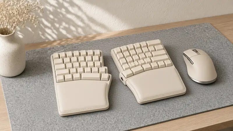 A cream split ergonomic keyboard with padded palm rests and an ergonomic mouse on a felt desk mat