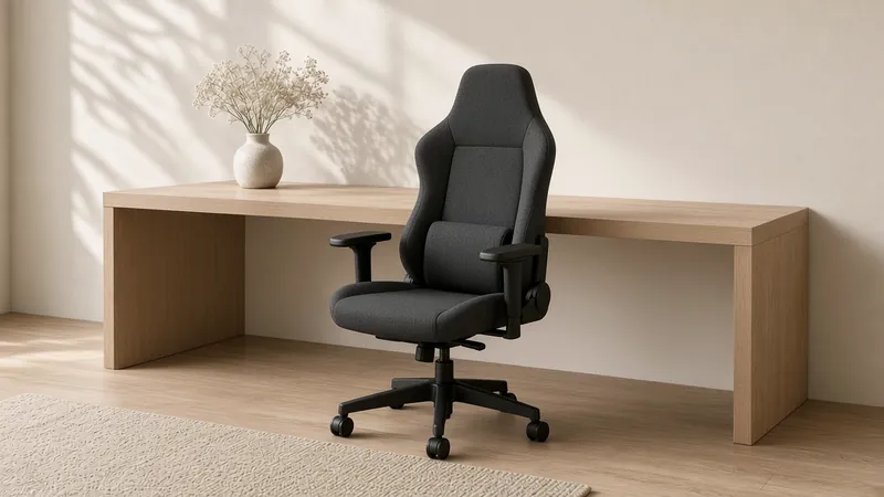 A charcoal fabric gaming chair with a lumbar cushion in front of an oak desk