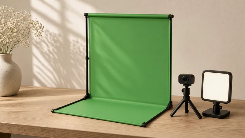 A pull-up green screen beside a webcam on a mini tripod and a small LED panel light