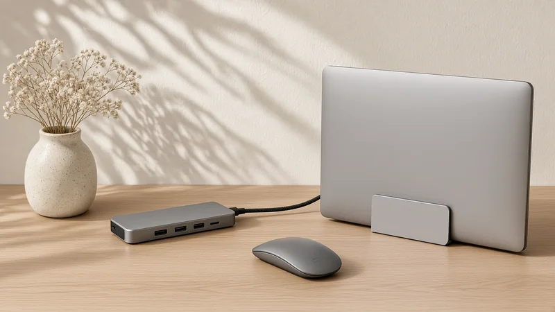 A closed laptop in a vertical stand connected to an aluminium docking hub, with a wireless mouse