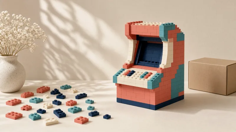 Retro arcade cabinet built from colourful toy bricks, with loose bricks and a cardboard box