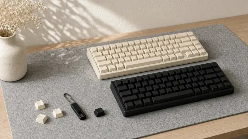 Two mechanical keyboards, one cream and one black, on a grey felt desk mat with spare keycaps