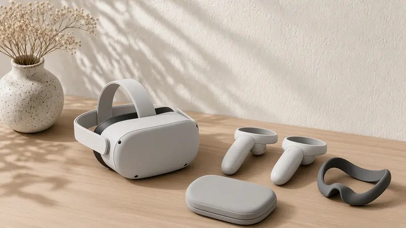 A pale grey VR headset with controllers, a carry case and a silicone face cover on an oak desk