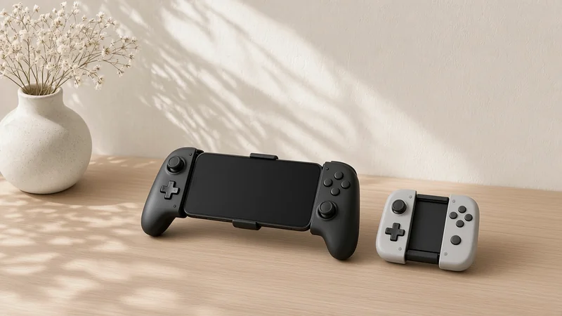 A smartphone clamped in a telescopic game controller next to a smaller clip-on phone controller