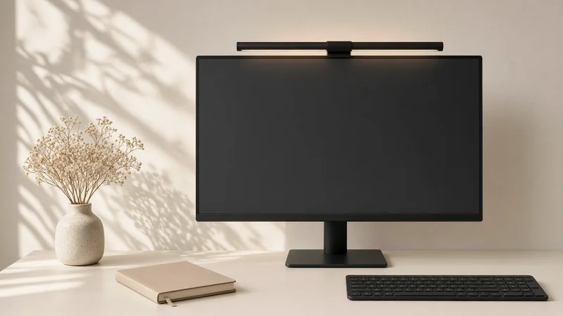 Light bar mounted on top of a dark monitor, with a keyboard and notebook below