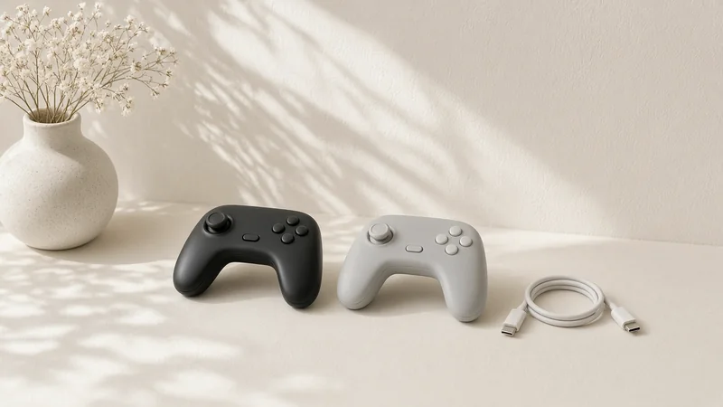 Black and grey game controllers with a charging cable on a sunlit cream surface