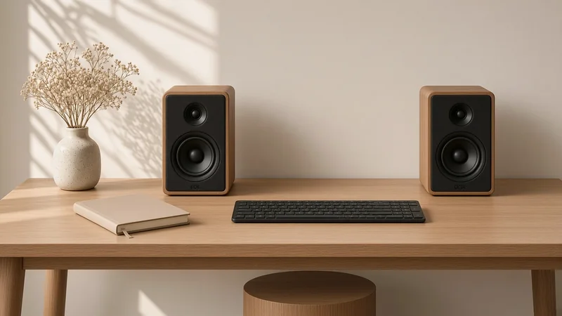 A pair of wooden bookshelf speakers either side of a slim keyboard on an oak desk