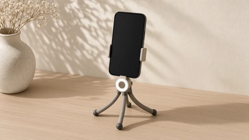 A smartphone held upright in a bendy-leg mini tripod with a small ring light