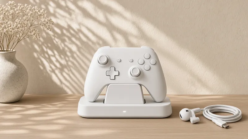 A white wireless controller on a charging dock with earbuds and a USB-C cable, beside dried gypsophila