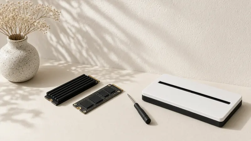 Two M.2 SSDs with black heatsinks and a small screwdriver next to a white games console