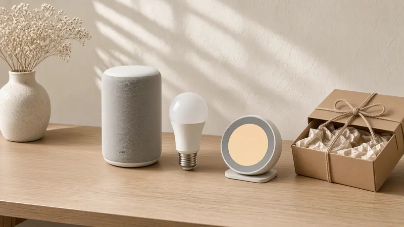 A fabric smart speaker, smart bulb, small round smart display and a twine-tied kraft gift box
