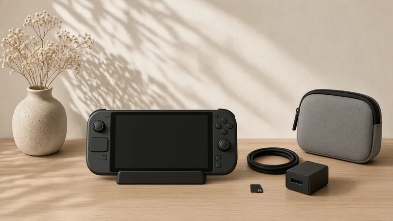 A charcoal handheld gaming PC in a dock with a zip carry case, cable, charger and microSD card