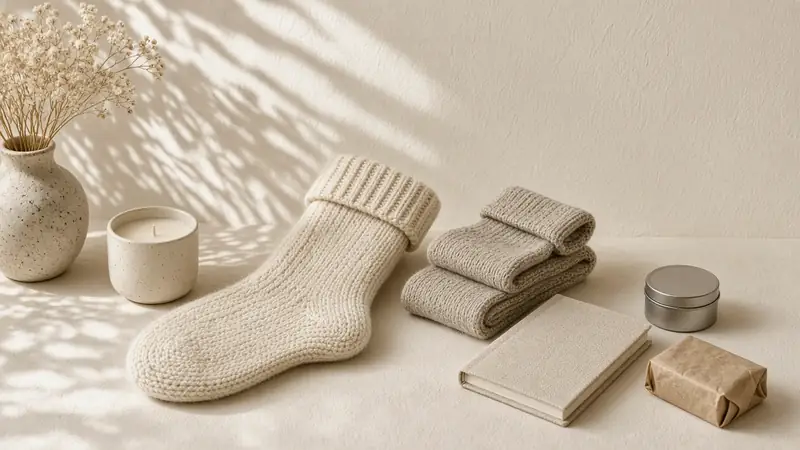 Stocking fillers: knitted socks, a small candle, a notebook and a tin