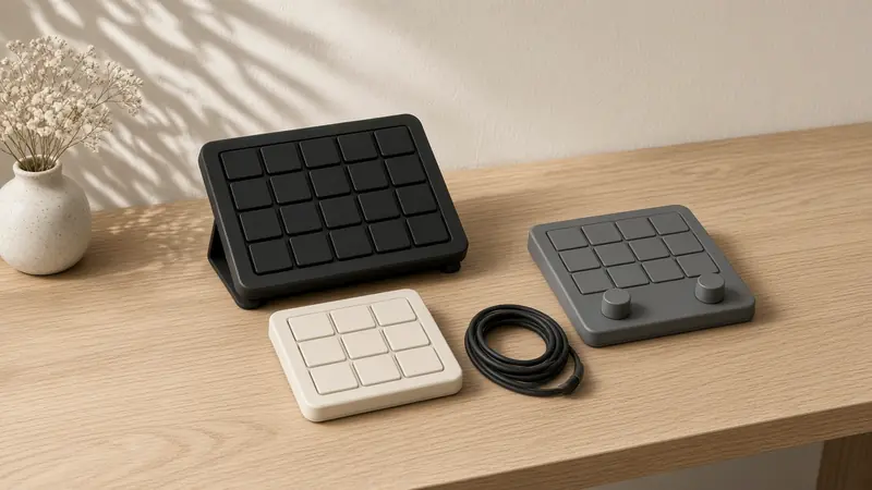 Black and white stream control pads with programmable keys on a desk