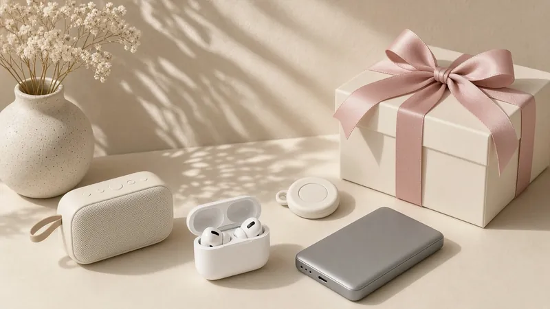 Tech gifts: a power bank, earbuds and a small speaker beside a gift box with a pink bow