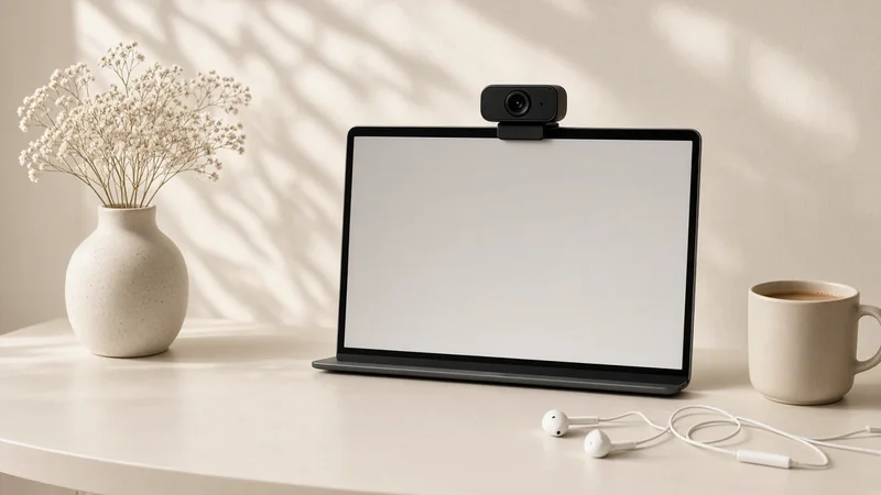 Webcam clipped to a laptop screen beside a mug and earphones on a light desk