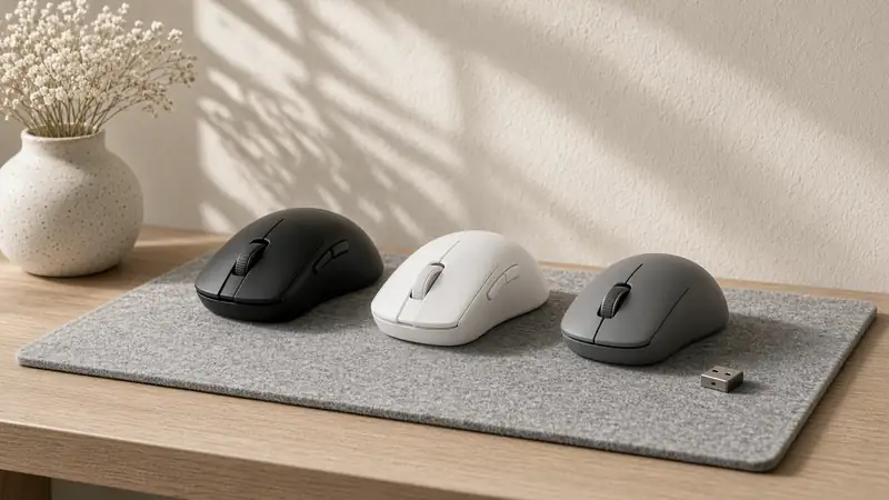 Three wireless gaming mice, black, white and grey, on a grey desk mat