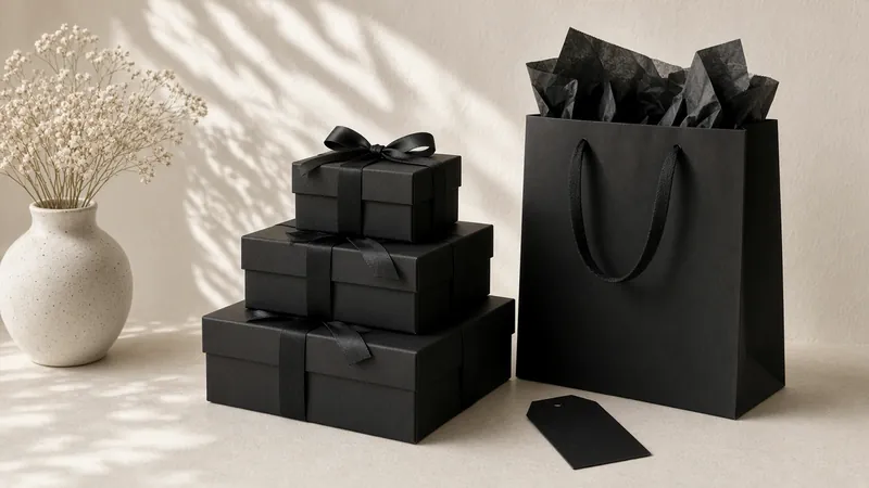 Stack of black gift boxes beside a black shopping bag and tissue paper on a cream surface