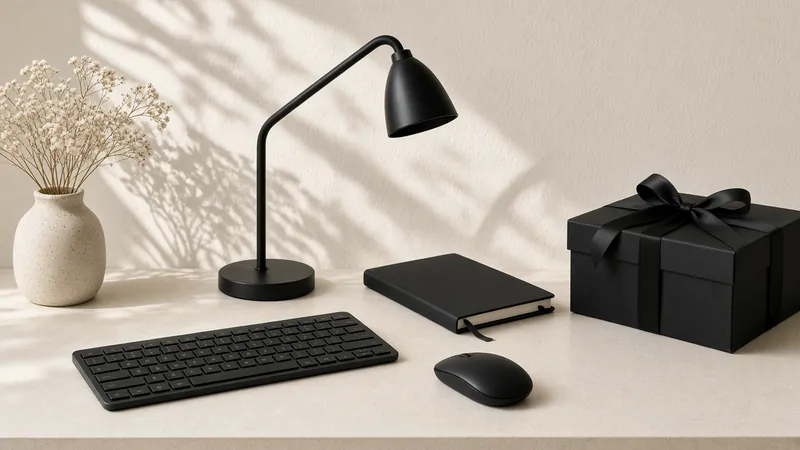 Black desk lamp, keyboard, mouse and notebook next to a wrapped black gift box