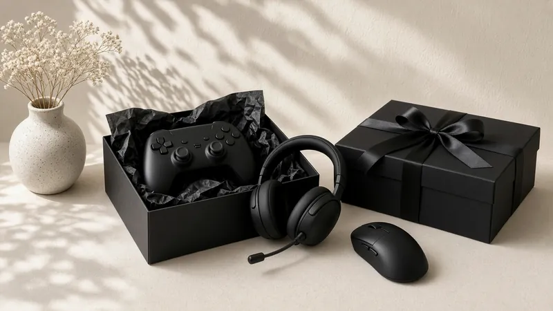 Black gift box holding a game controller, with a gaming headset and mouse beside a wrapped box