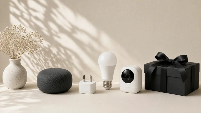 Smart speaker, smart plug, smart bulb and indoor camera beside a wrapped black gift box