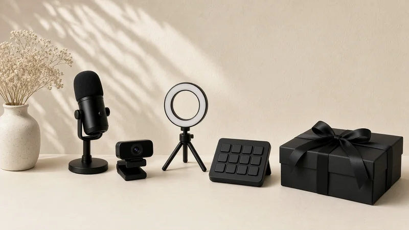 Microphone, webcam, ring light and stream controller next to a wrapped black gift box
