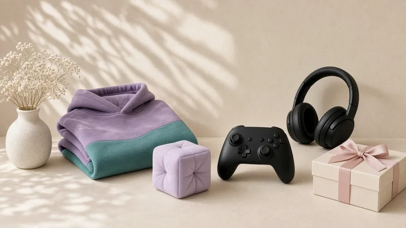 Pastel hoodie, a game controller, headphones, a small cube toy and a wrapped gift on a light shelf