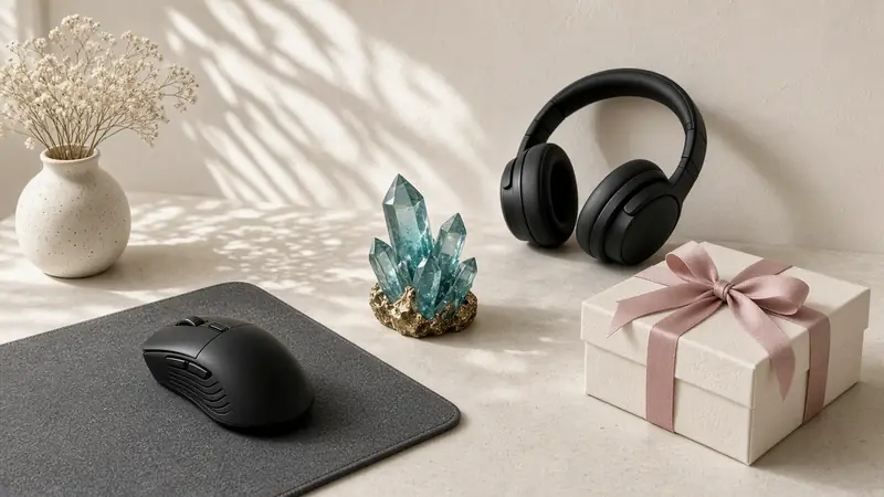 Gaming headset, a mouse on a desk mat, a crystal figure and a wrapped gift