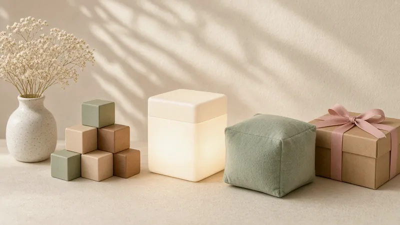 Cube-shaped lamp, small wooden blocks, a green cube cushion and a gift box