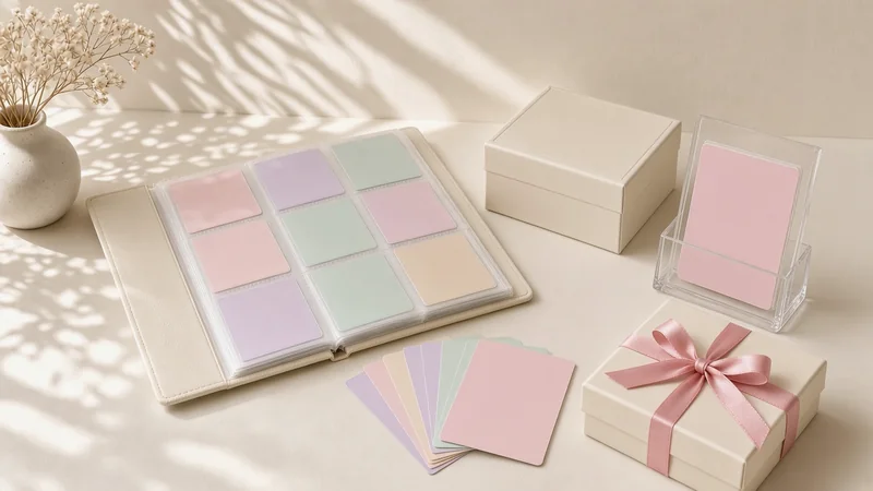Trading card binder, pastel card sleeves and a wrapped gift box