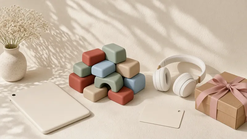 Stack of colourful toy building blocks, white headphones, a tablet and wrapped gifts on a light shelf