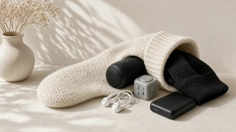 Knitted beanie and gloves with a small speaker and earbuds